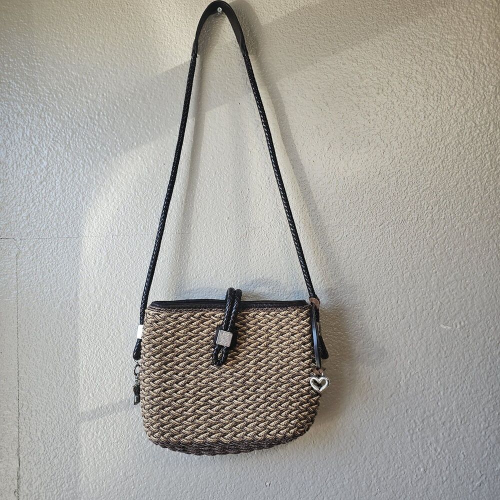 Brighton Woven Jute Twine Shoulder Bag Leather Trim Floral Lining Charm Boho
